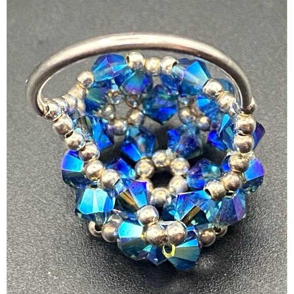 Tested Sterling Silver Ring Blue AB Bicone Crystal Dome Woven Bead Size 6 Floral - Picture 4 of 12